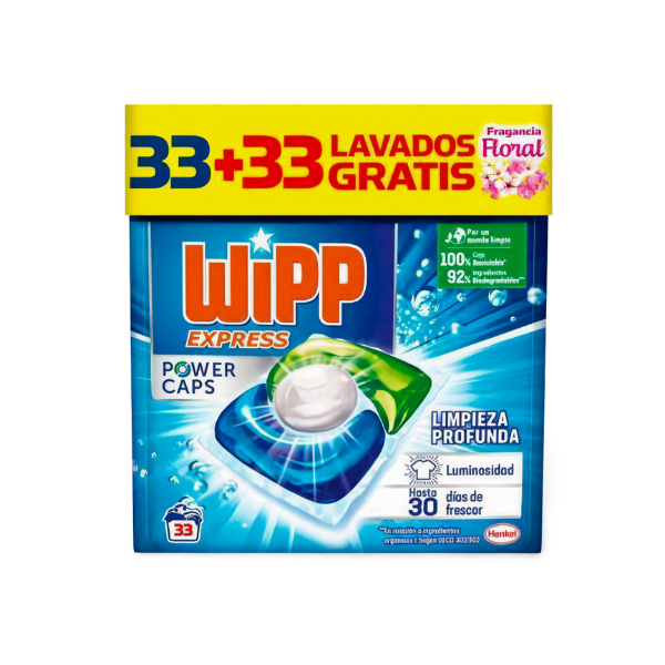 Wipp express detergente power caps 33 + 33 GRATIS de fragancia floral
